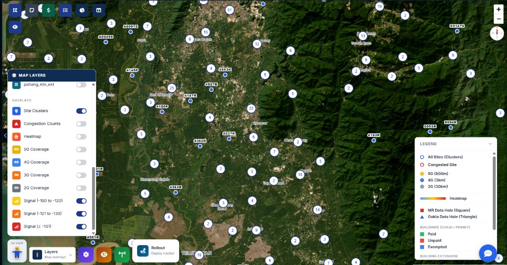JEJAK coverage map with site clusters and signal layers